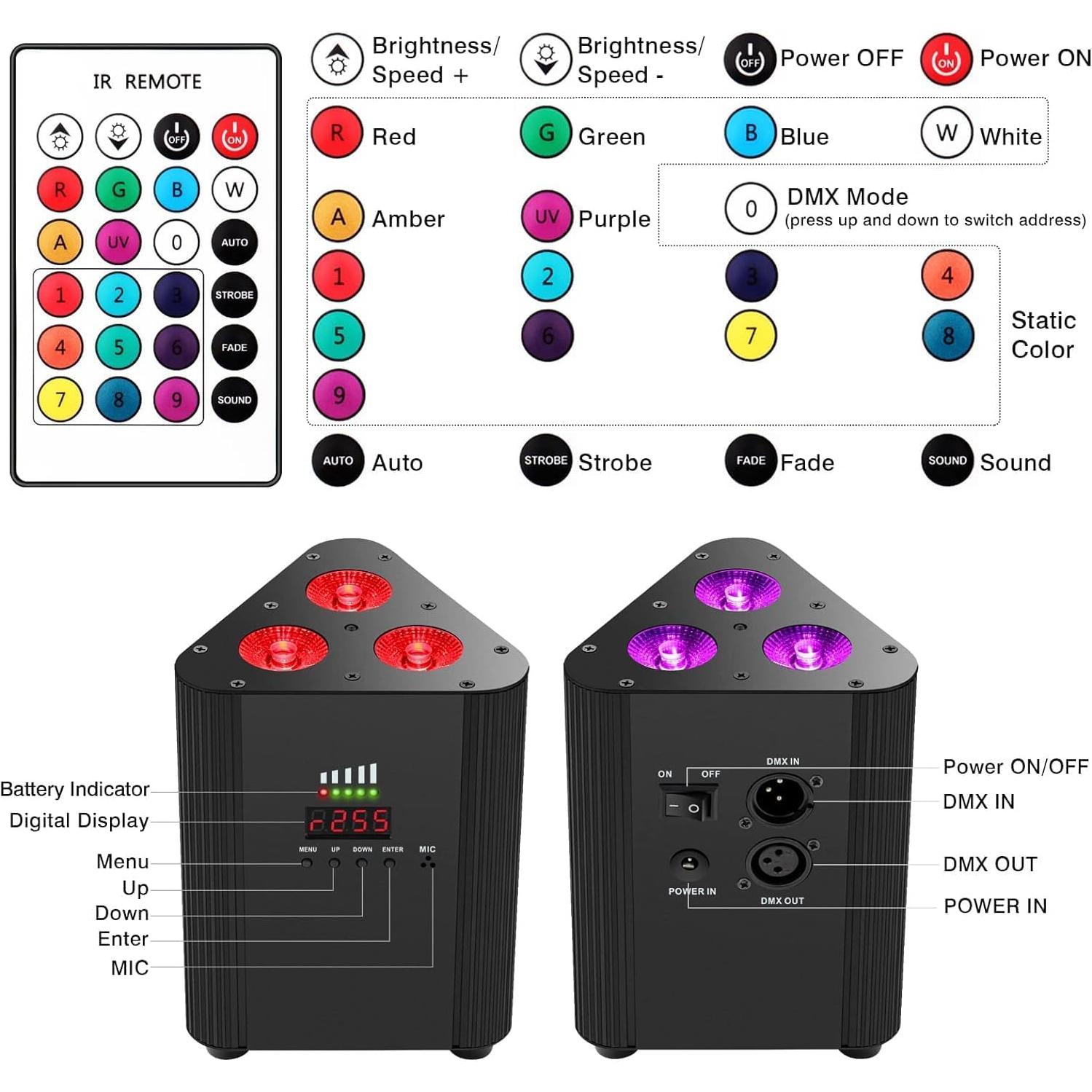 Luces Par Recargables OPPSK 2 Unidades LED RGBW DMX