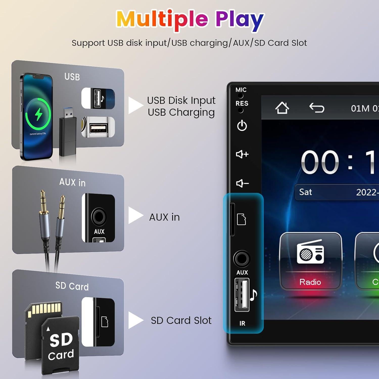 Estéreo de Coche Hodozzy 1 Din 7" CarPlay Bluetooth USB