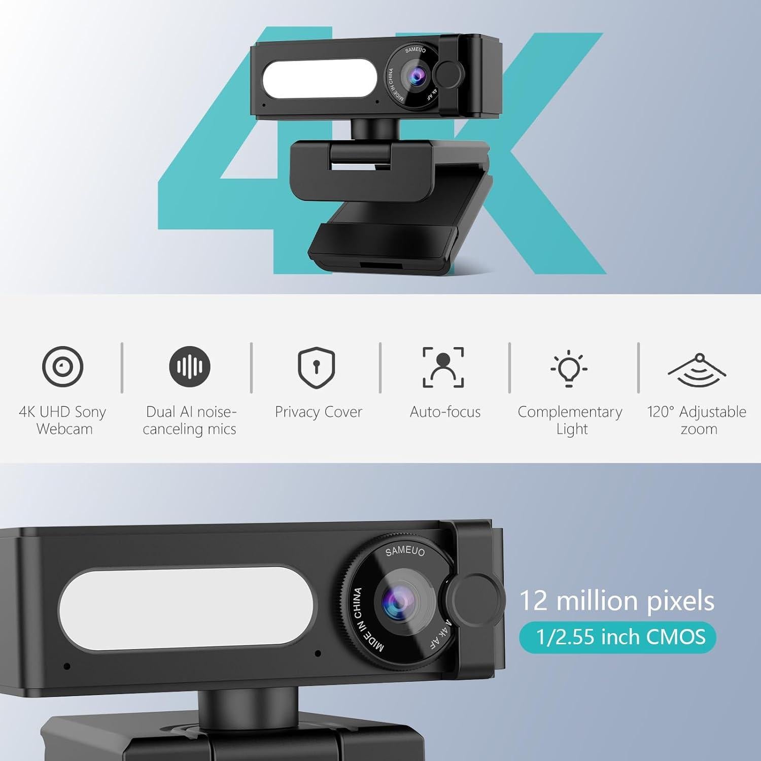 Cámara Web 4K Sameuo G53-4K con Micrófonos AI y Luz LED