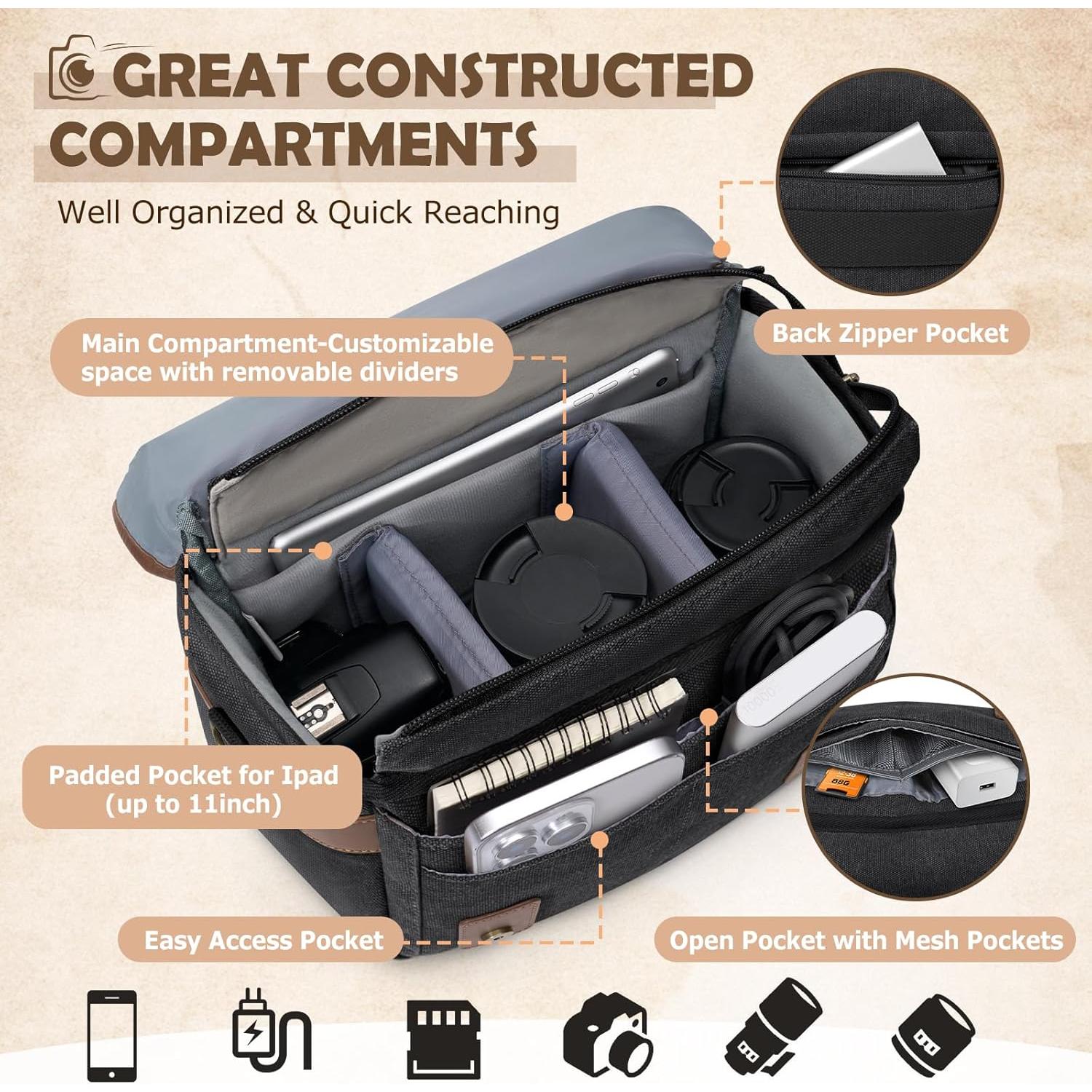 Bolsa de cámara RAINSMORE negra para DSLR/SRL con cubierta de lluvia