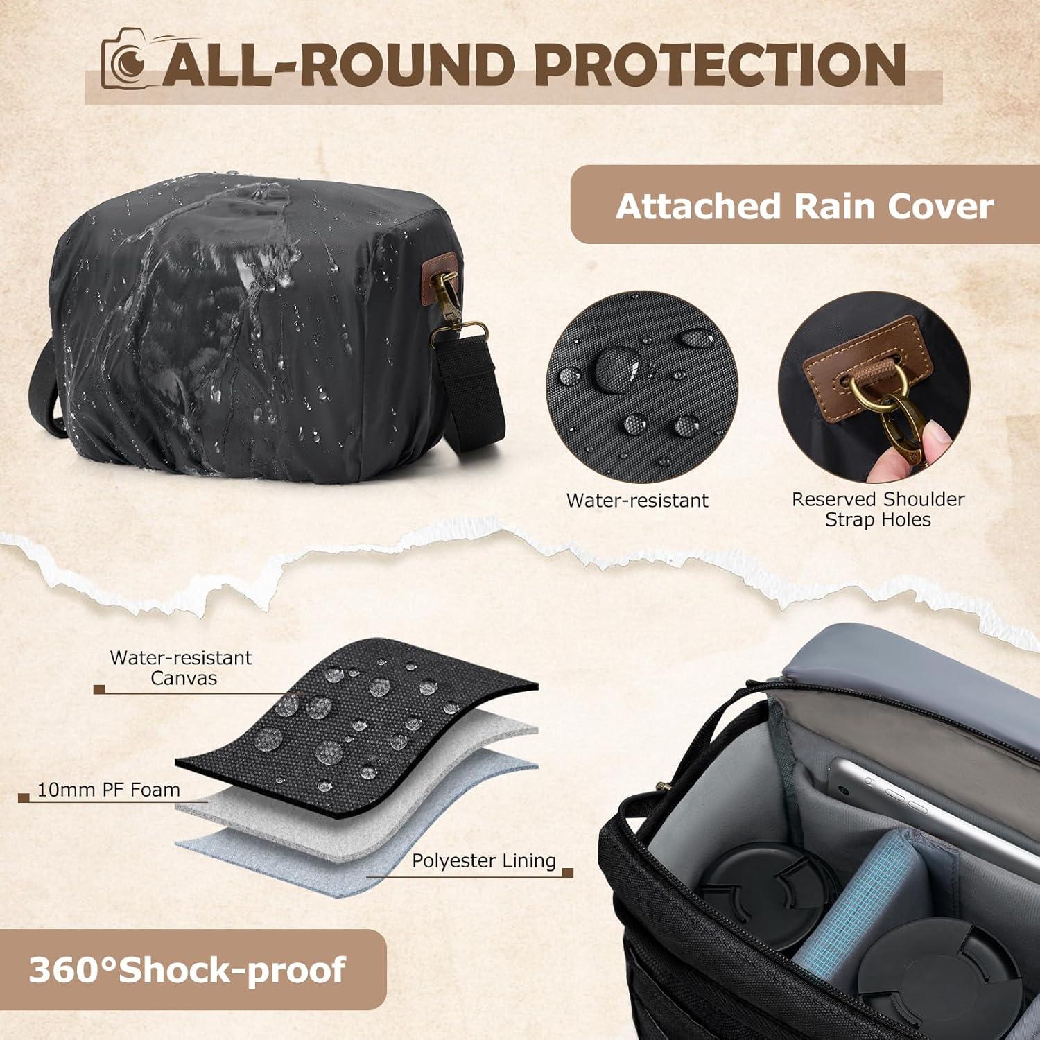 Bolsa de cámara RAINSMORE negra para DSLR/SRL con cubierta de lluvia