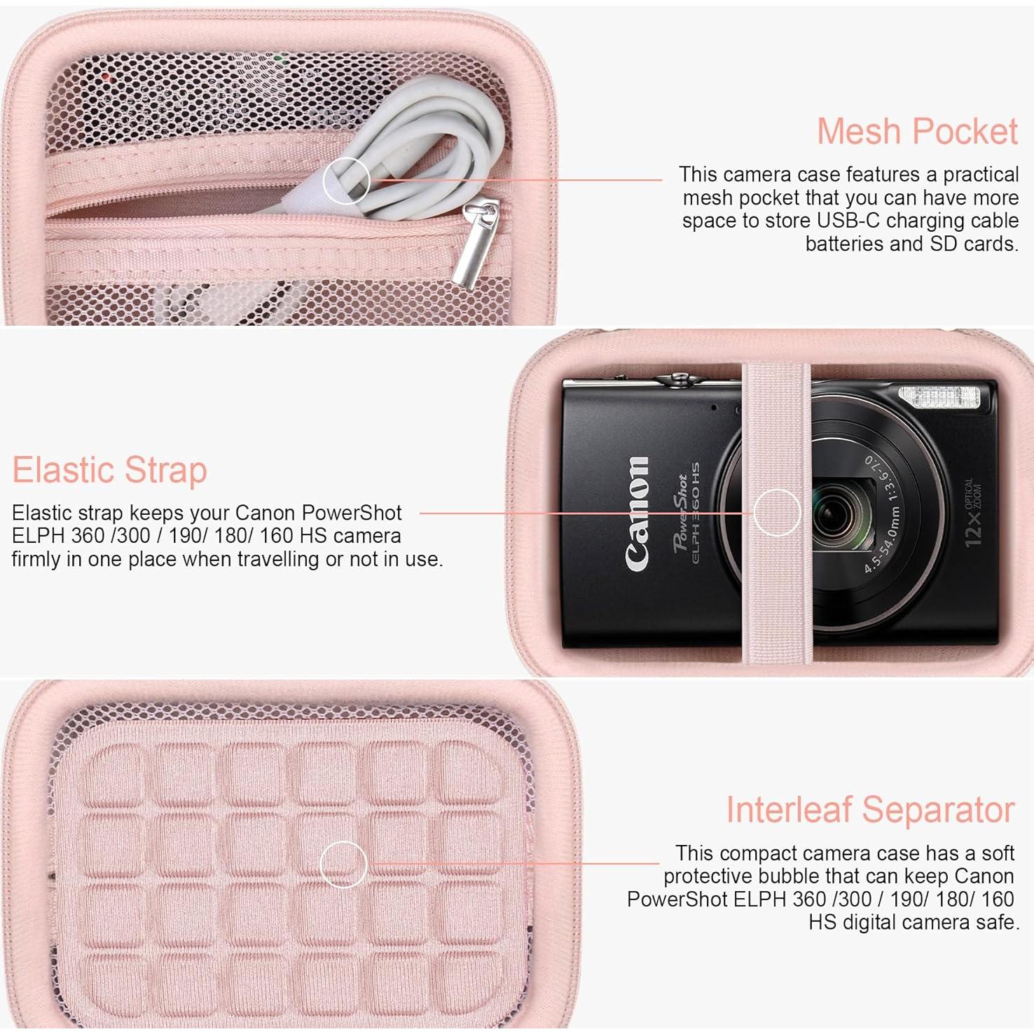 RAIALL Carrying Case for Canon PowerShot ELPH 360/300/190/180/160 HS/Sony Cybershot DSC-W830 W55 Digital Camera, Vlogging Camera Hard Travel Bag, Mesh Pocket for Battery, SD Cards and USB Cable, Pink