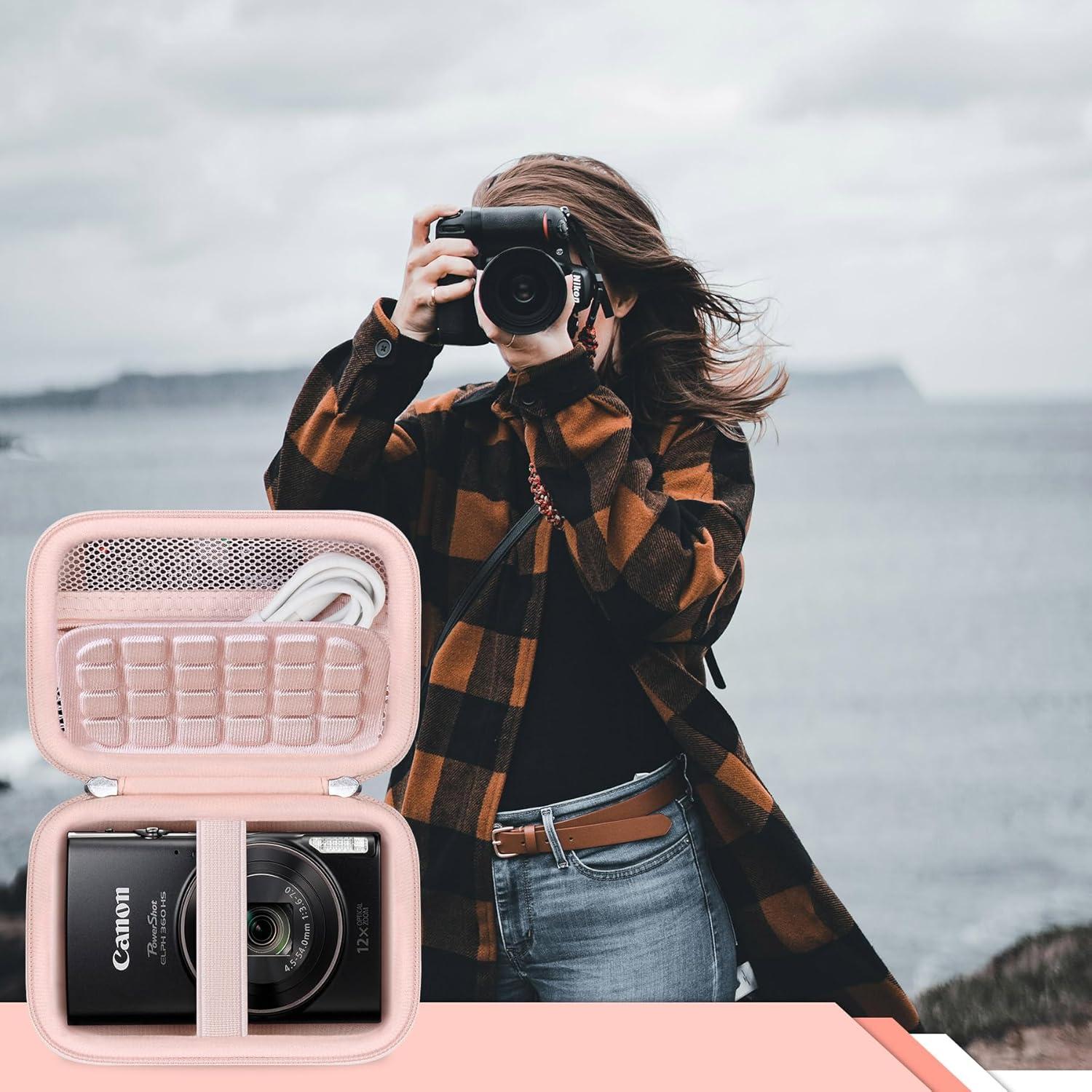 RAIALL Carrying Case for Canon PowerShot ELPH 360/300/190/180/160 HS/Sony Cybershot DSC-W830 W55 Digital Camera, Vlogging Camera Hard Travel Bag, Mesh Pocket for Battery, SD Cards and USB Cable, Pink