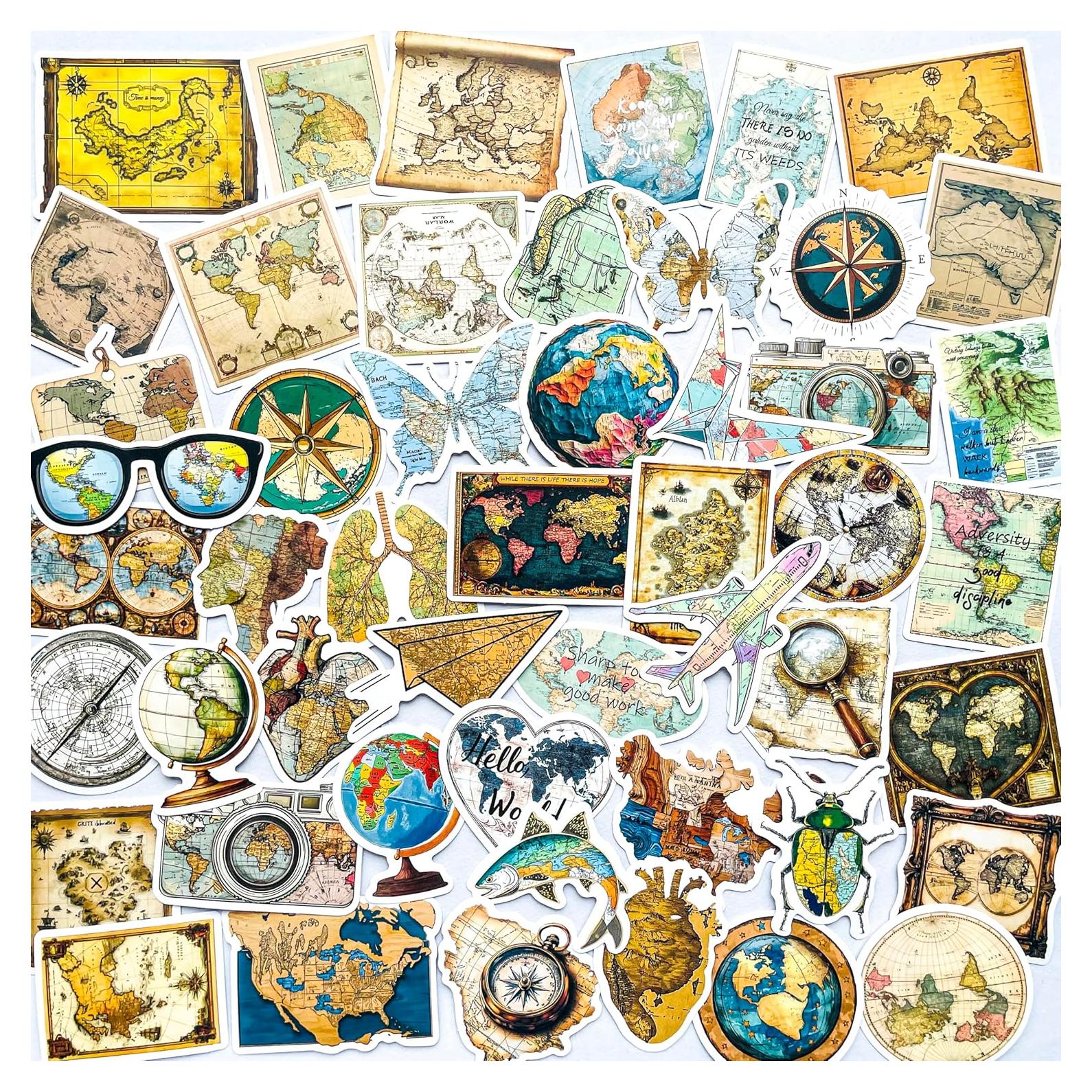 Calcomanías Vintage Mapa Mundial YOKSAS 50 Piezas Impermeables