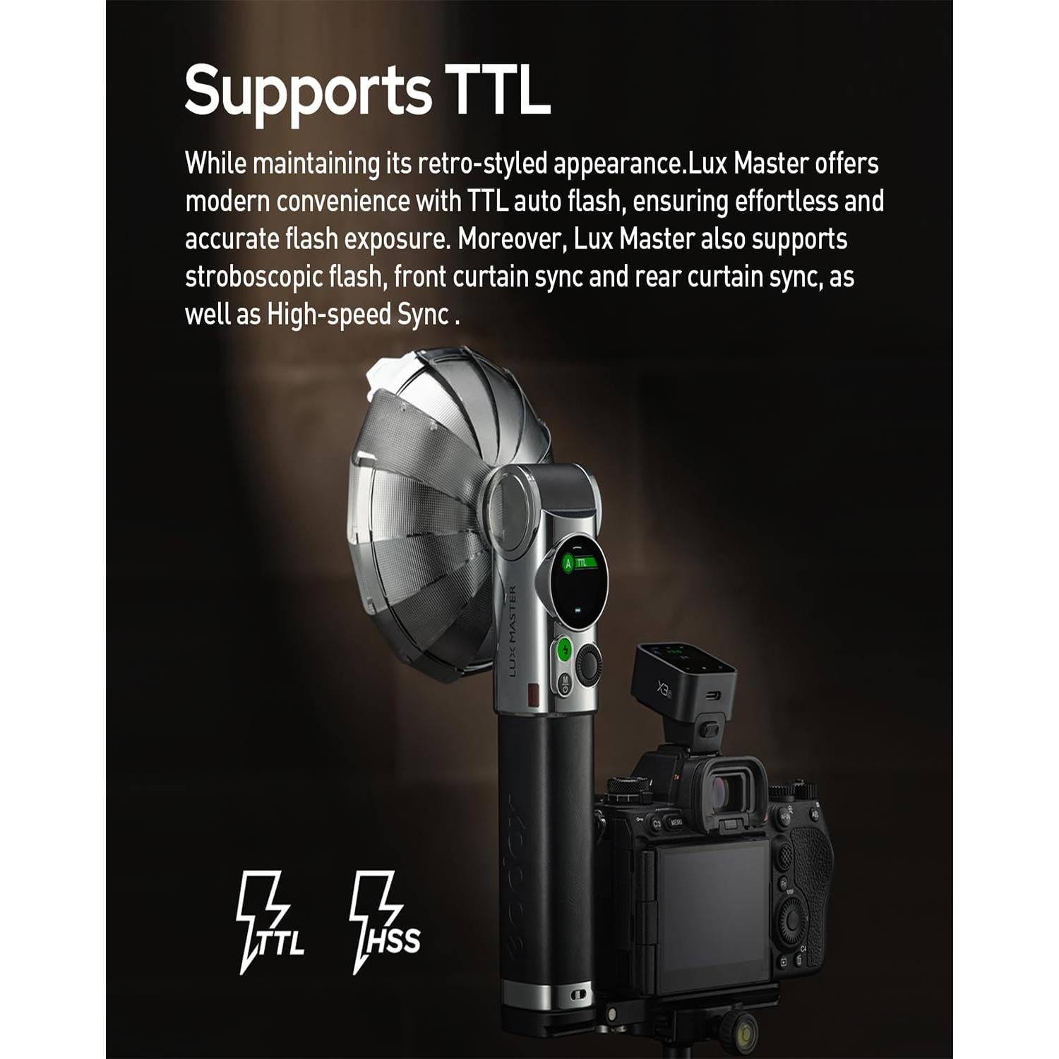 GODOX Flash Lux Master Vintage Flashlight - Touchscreen Smart Control, X3 Wireless Sync, TTL Compatible - Ideal for Portrait, Event Photography, and Creative Shoots