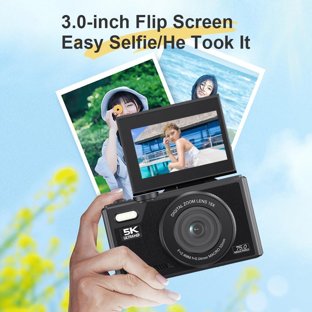 Cámara Digital Denash 75MP 5K Compacta con Zoom 18X