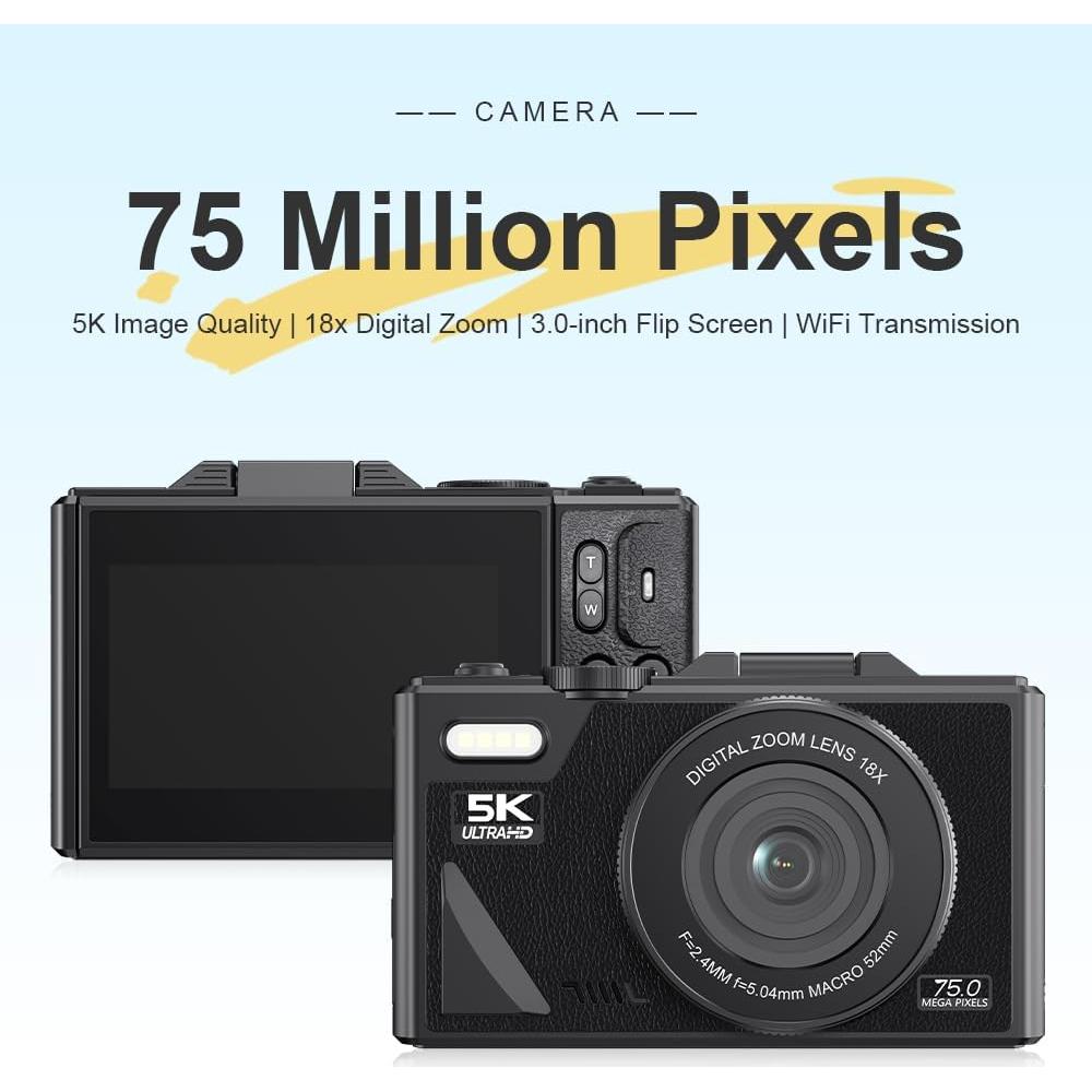 Cámara Digital Denash 75MP 5K Compacta con Zoom 18X