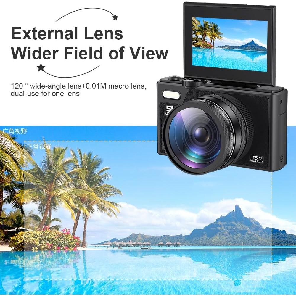 Cámara Digital Denash 75MP 5K Compacta con Zoom 18X