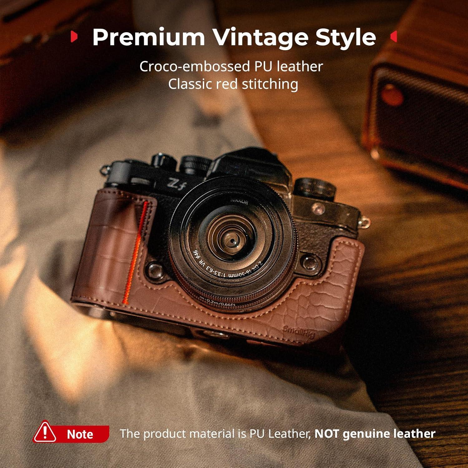 SMALLRIG Camera Case Kit for Nikon Z f, Vintage PU Leather Camera Case Kit, with Enhanced Grip, Scratch-resistant Microfiber Lining, Aluminum Alloy Frame,Shoulder Strap, Brown - 5096