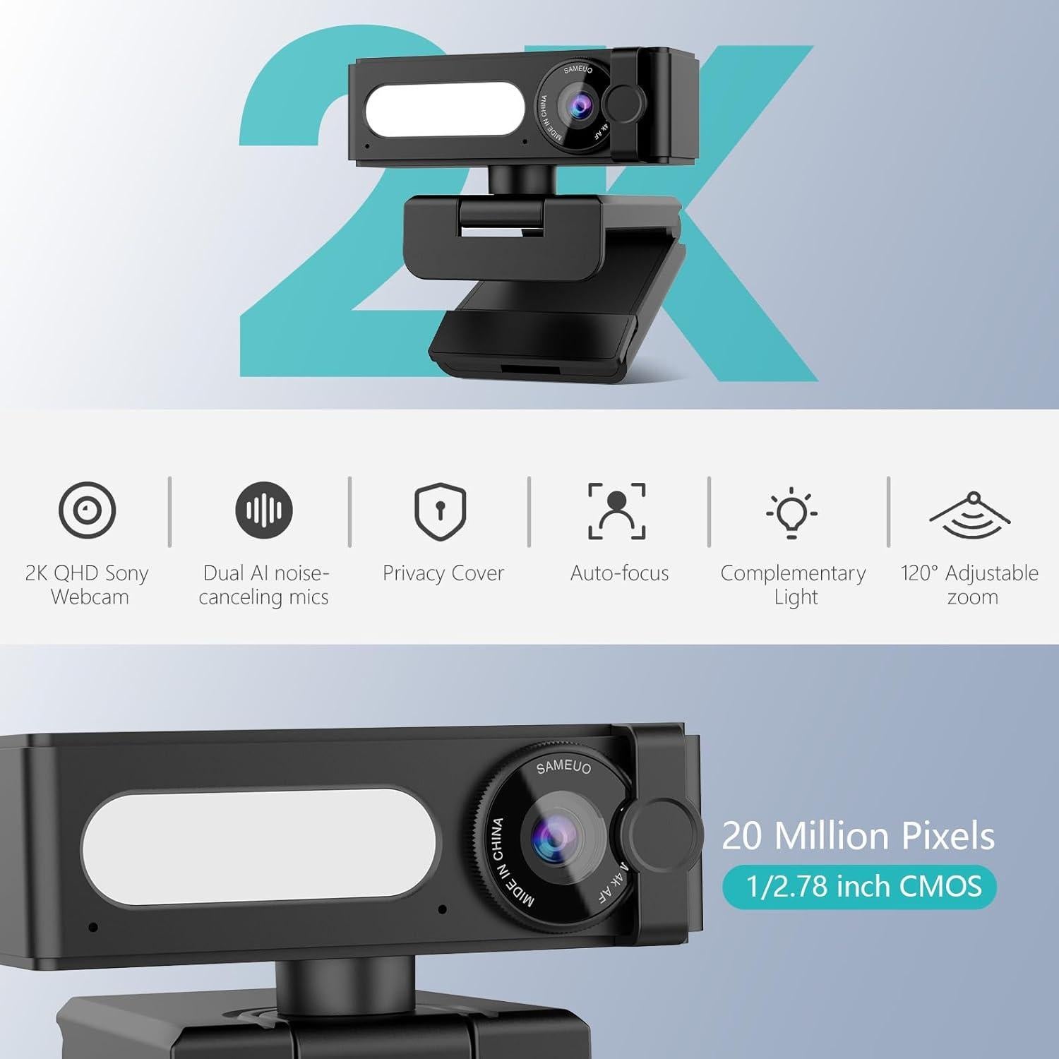 Cámara Web 2K Sameuo G53-2K con Micrófonos AI y Luz LED