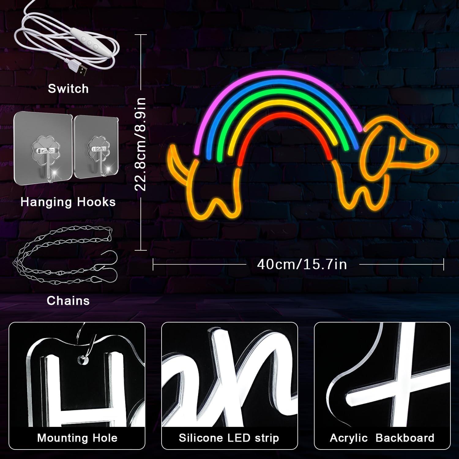 Luz de neón perro salchicha arcoíris Gyaksjm 40x22.8 cm