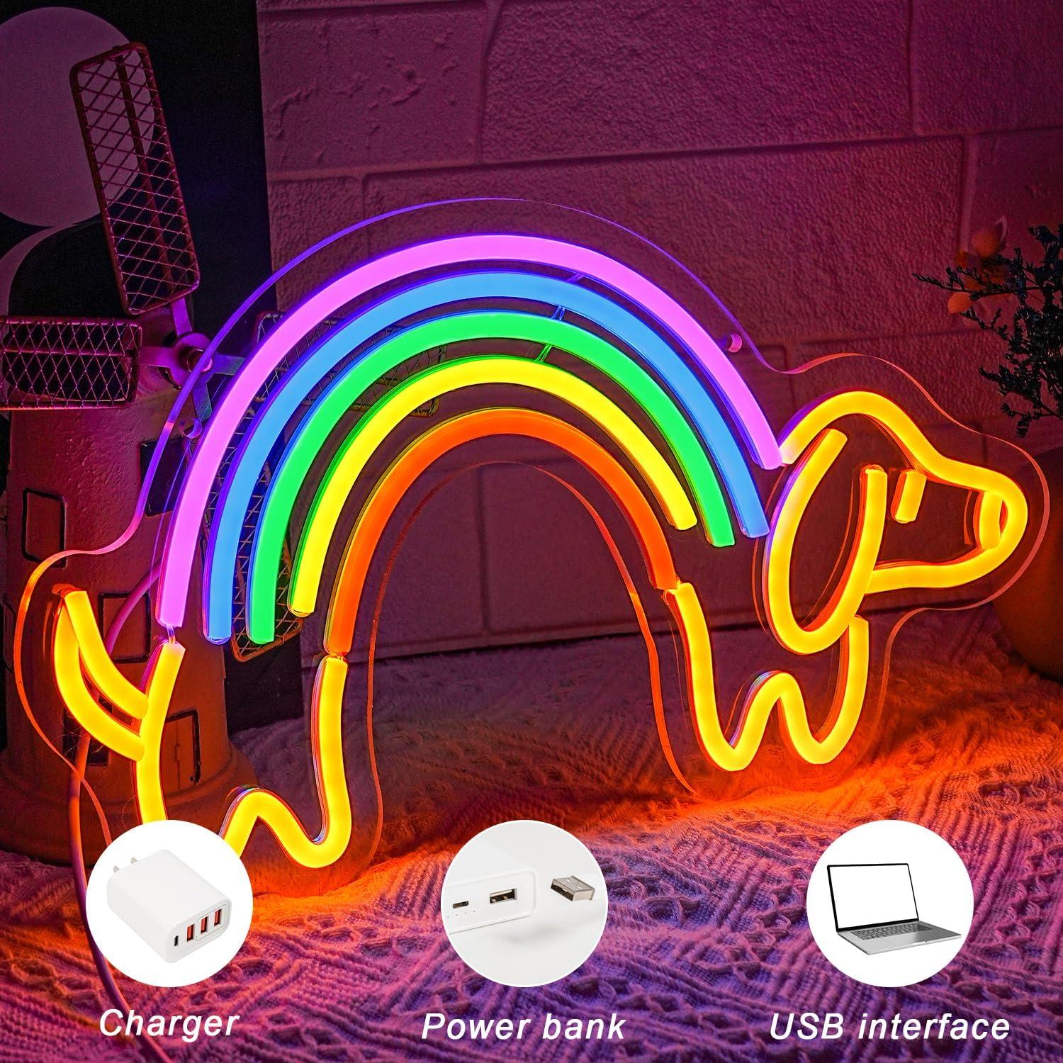 Luz de neón perro salchicha arcoíris Gyaksjm 40x22.8 cm