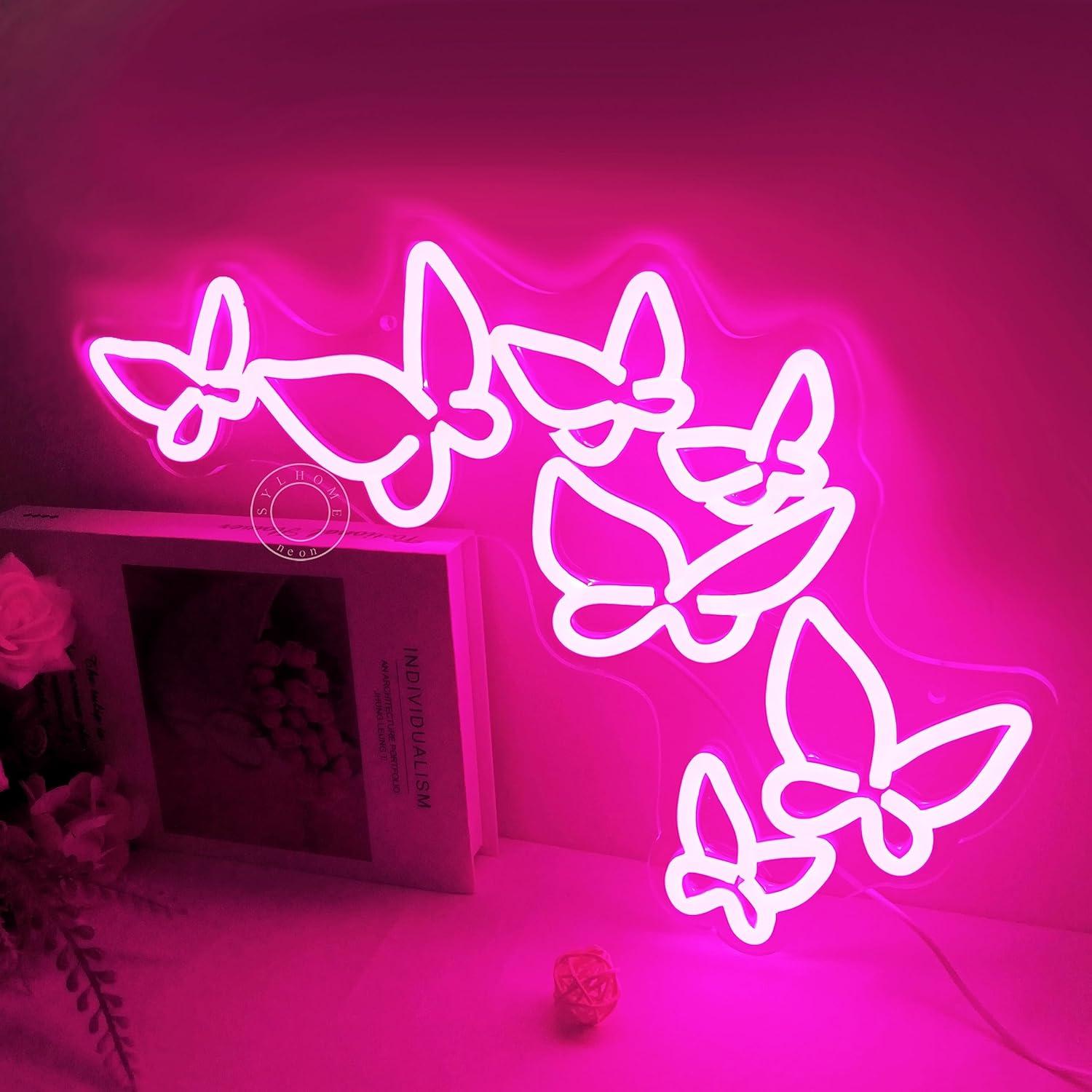 Letrero de Neón LED Mariposa Rosa SYLHOME 41.91x22.61 cm USB