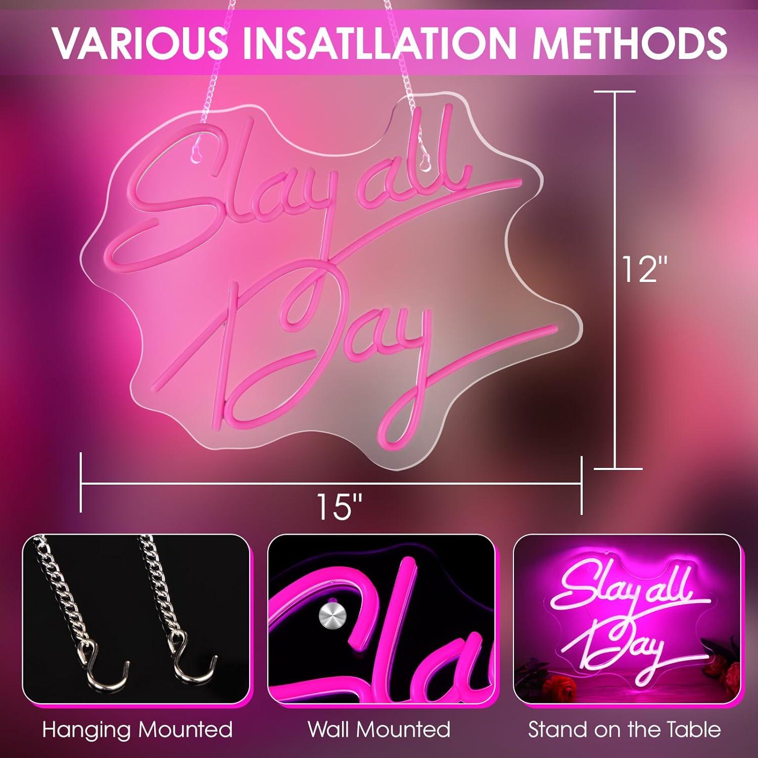 Luz de Neón Rosa Slay All Day ReyeeInc USB Regulable 37x30cm