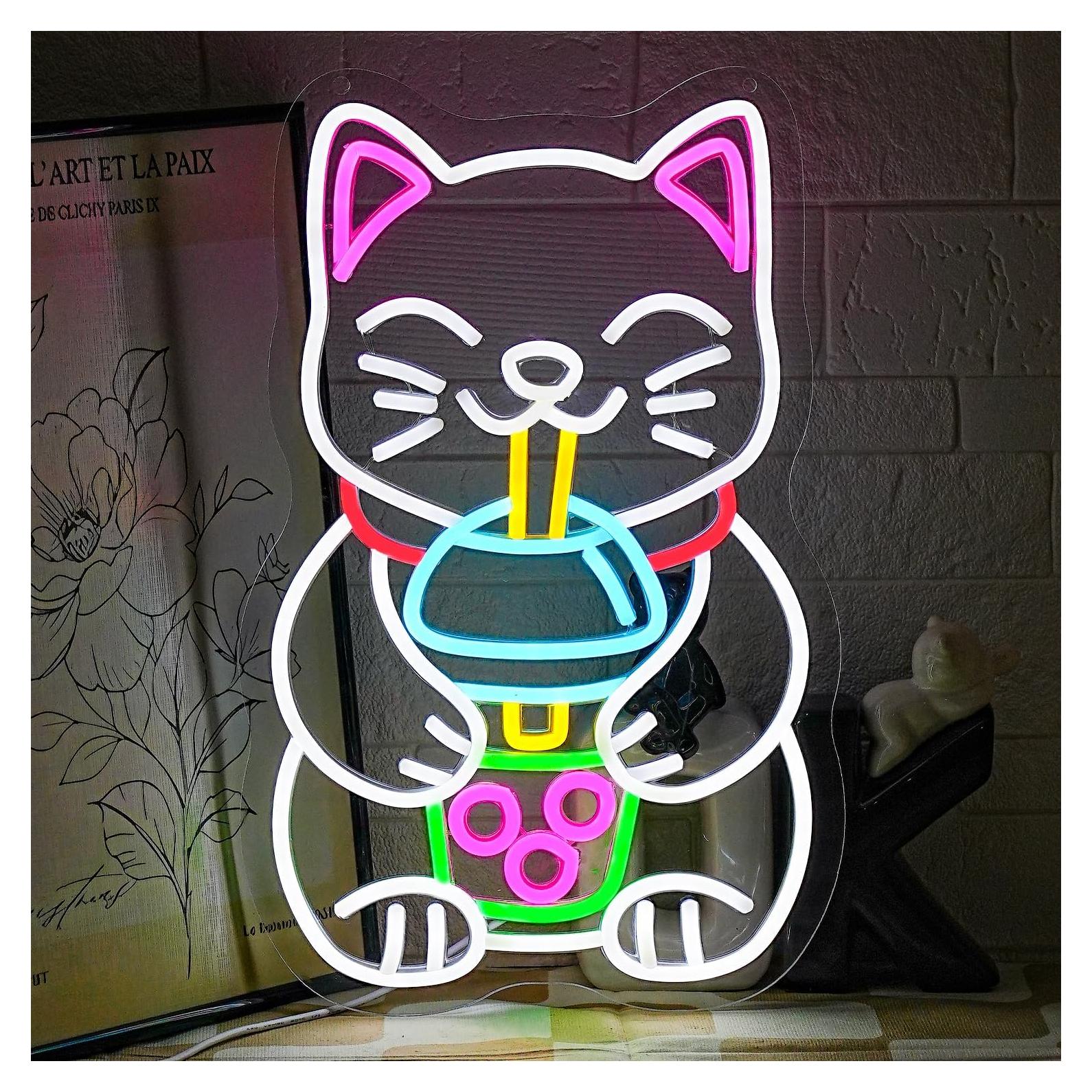 Cartel de Neón LED Gato Bebiendo Té de Boba 42 cm - Gyaksjm