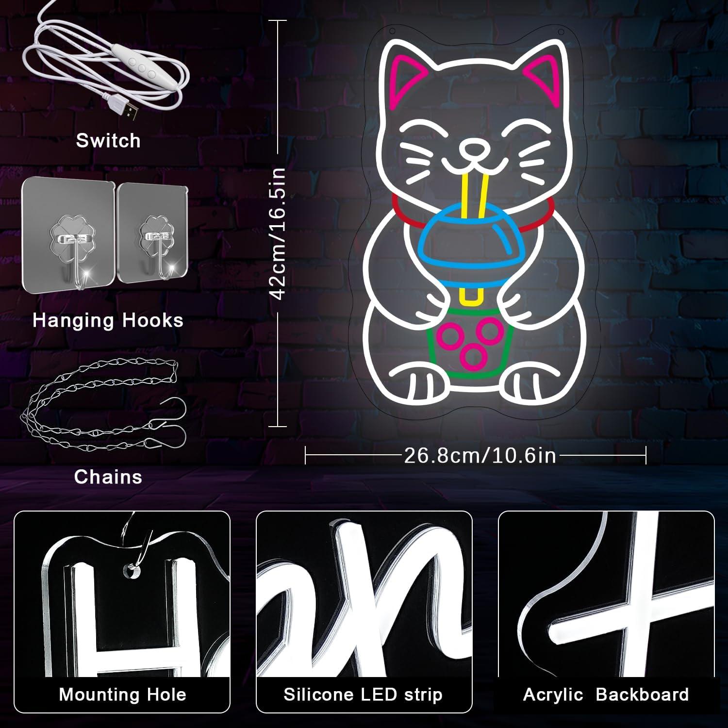 Cartel de Neón LED Gato Bebiendo Té de Boba 42 cm - Gyaksjm