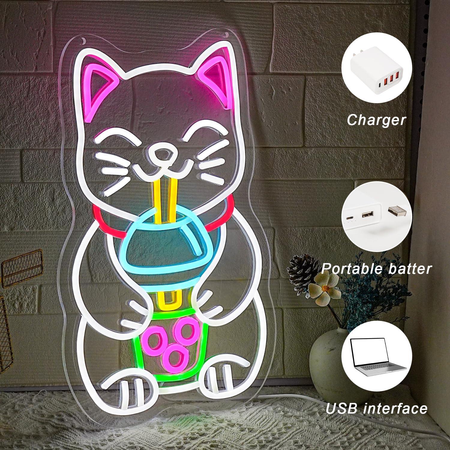 Cartel de Neón LED Gato Bebiendo Té de Boba 42 cm - Gyaksjm