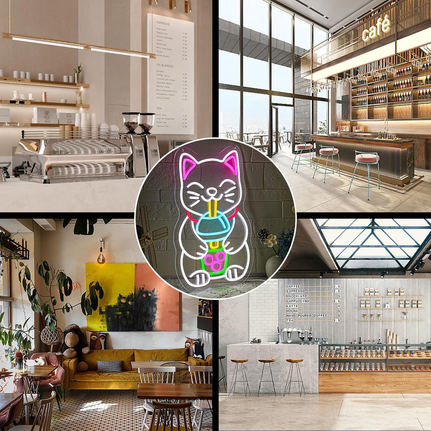 Cartel de Neón LED Gato Bebiendo Té de Boba 42 cm - Gyaksjm