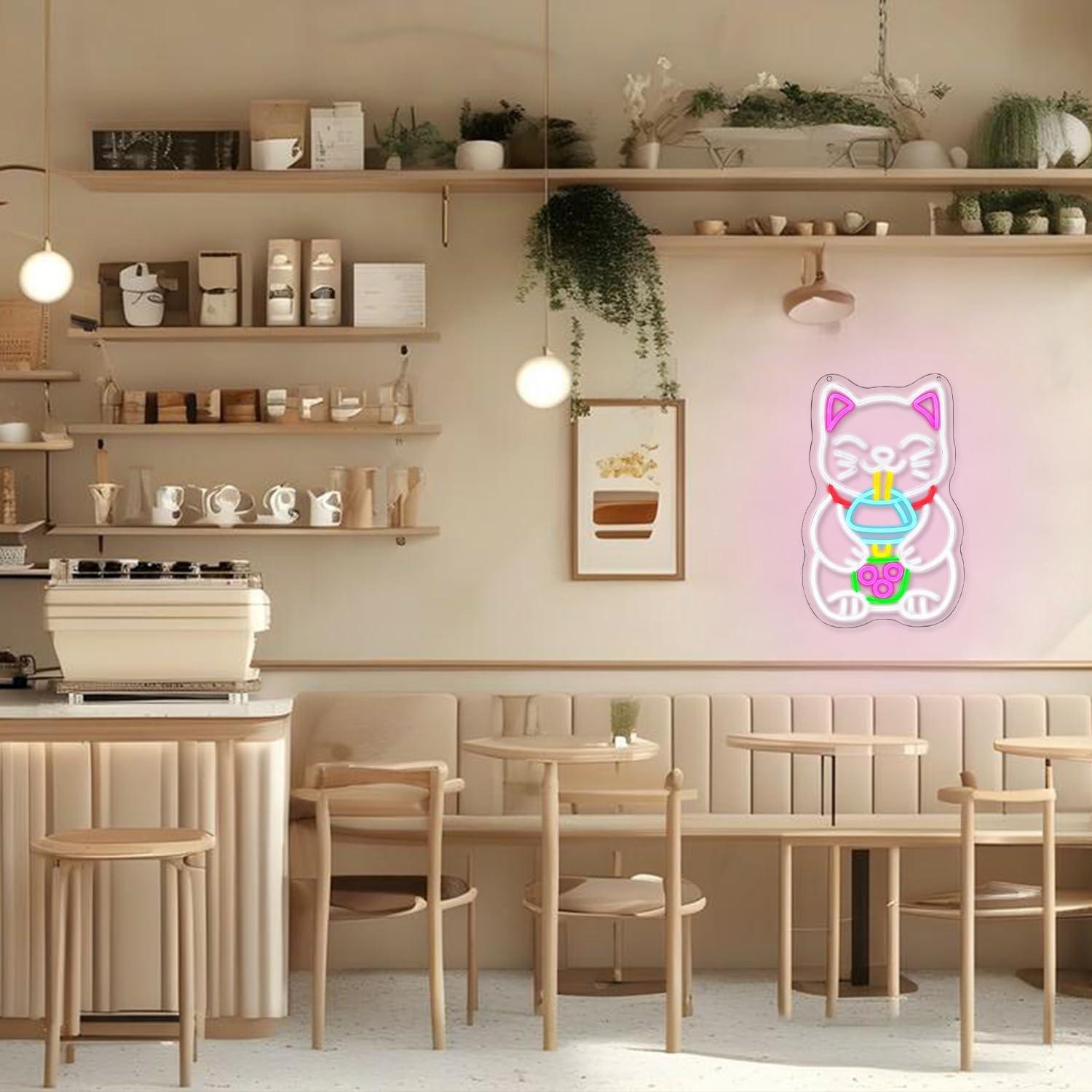 Cartel de Neón LED Gato Bebiendo Té de Boba 42 cm - Gyaksjm