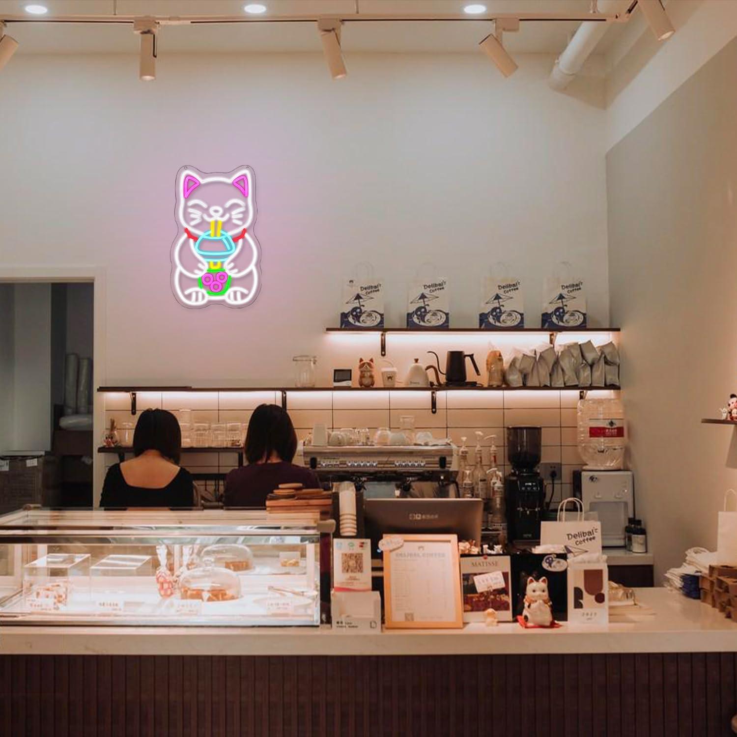 Cartel de Neón LED Gato Bebiendo Té de Boba 42 cm - Gyaksjm