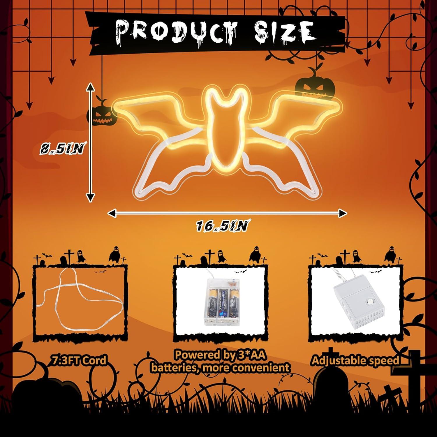 Letrero Neón Halloween Murciélago Volador 41.9x21.6cm Axcoix