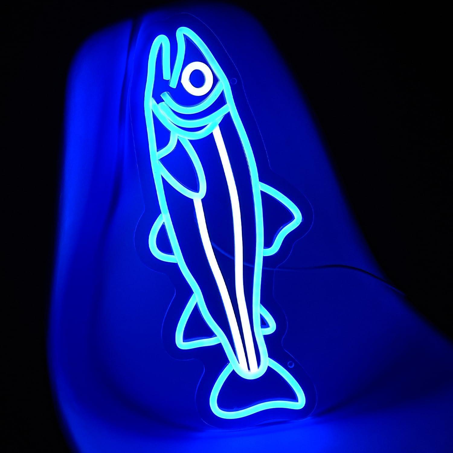 Letrero de Neón Pescado Salmón Azul 41.91x17.78cm LED