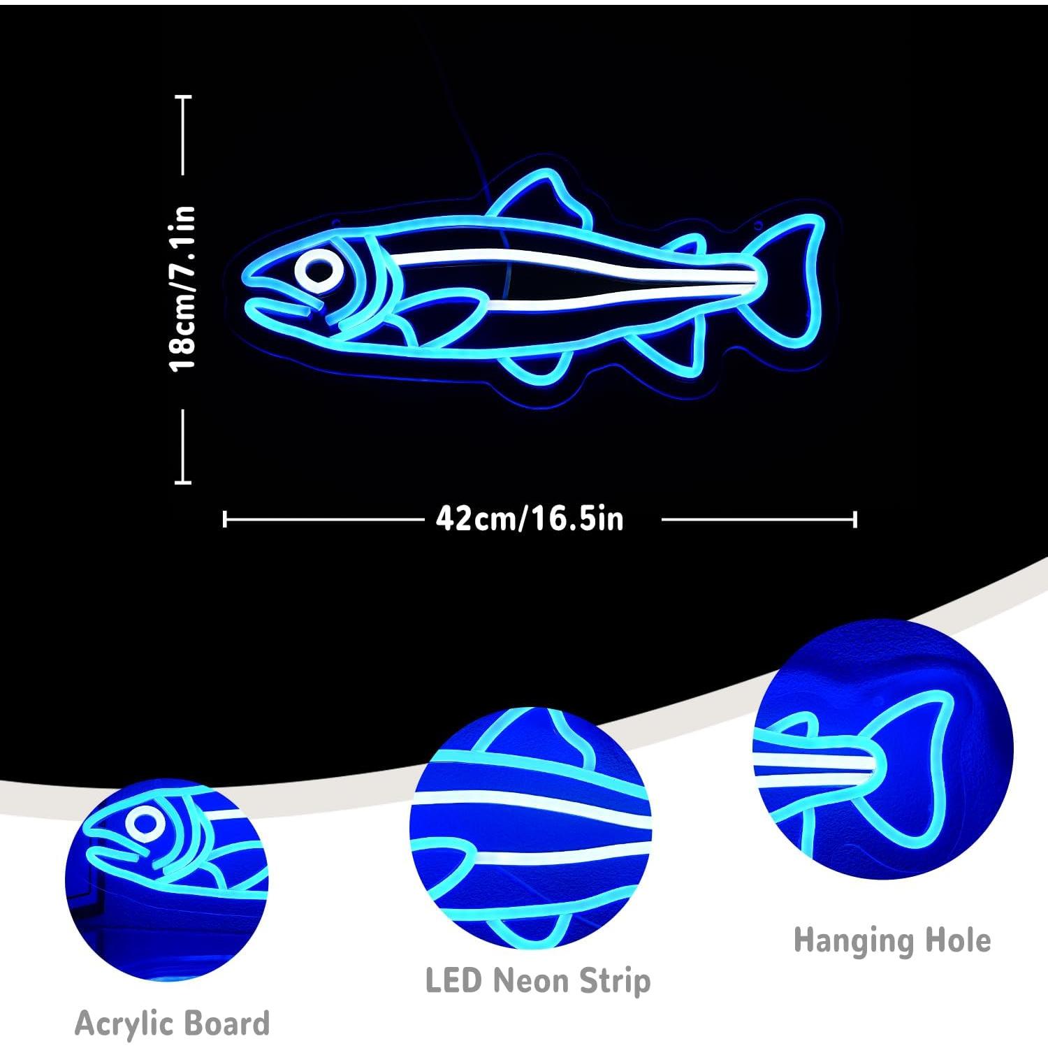 Letrero de Neón Pescado Salmón Azul 41.91x17.78cm LED