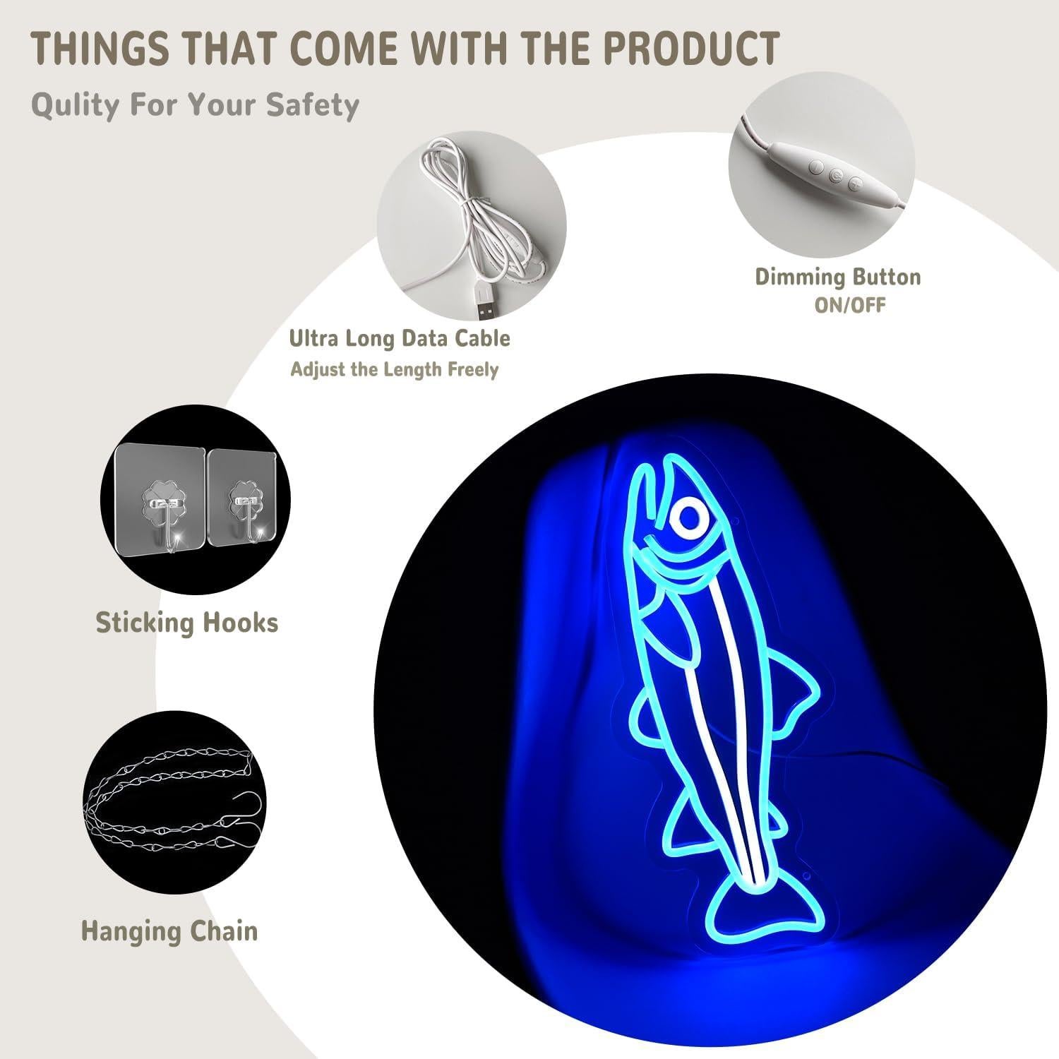 Letrero de Neón Pescado Salmón Azul 41.91x17.78cm LED