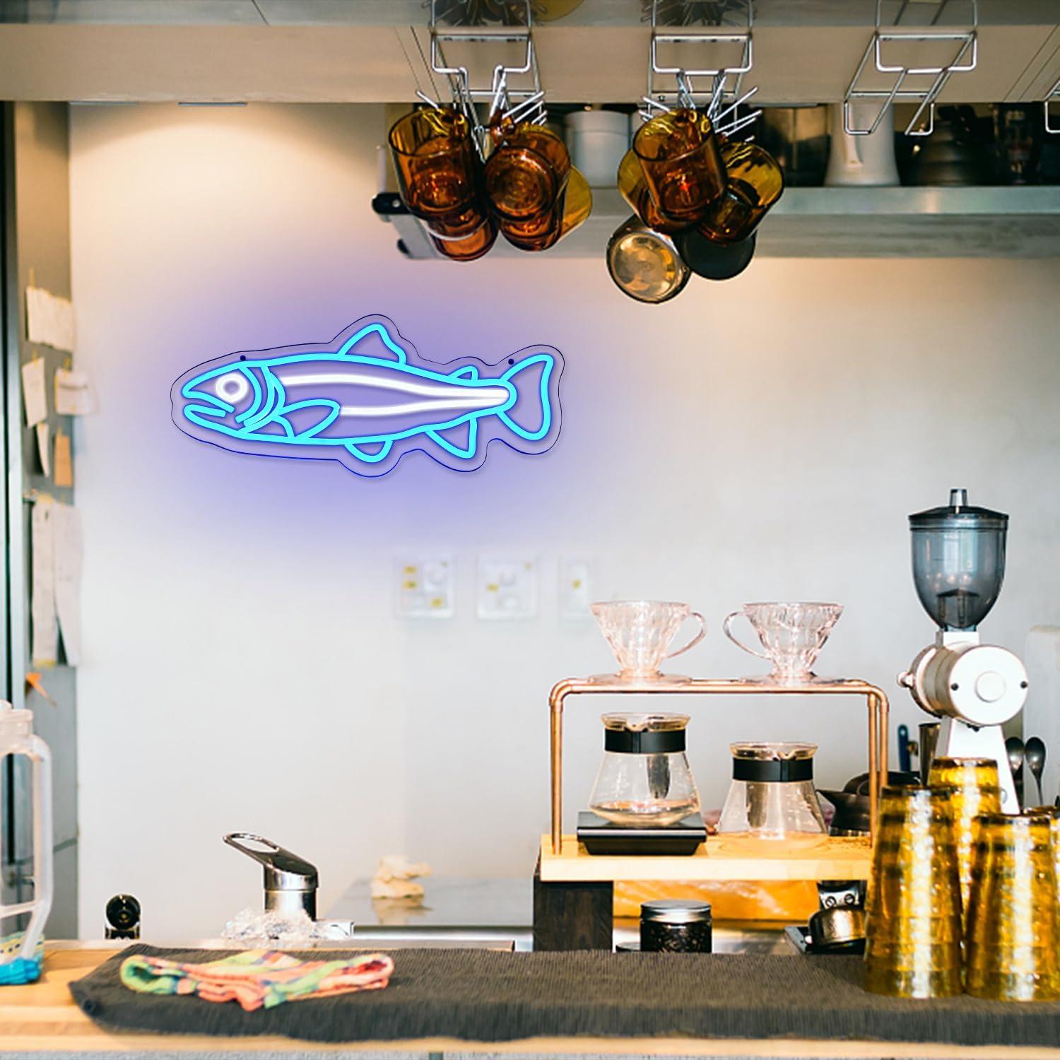 Letrero de Neón Pescado Salmón Azul 41.91x17.78cm LED