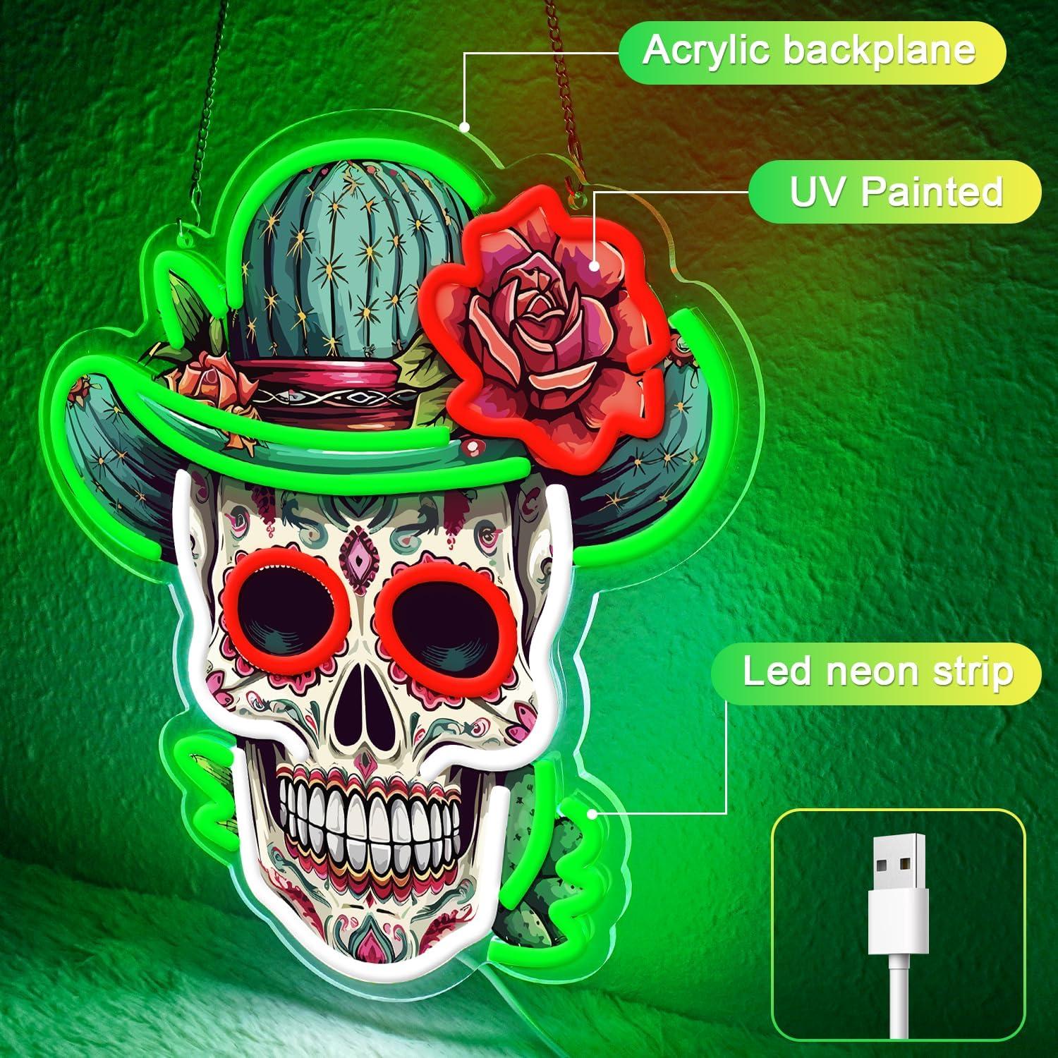Luz de neón LED Calavera de Azúcar Sneignon Verde 36x32cm