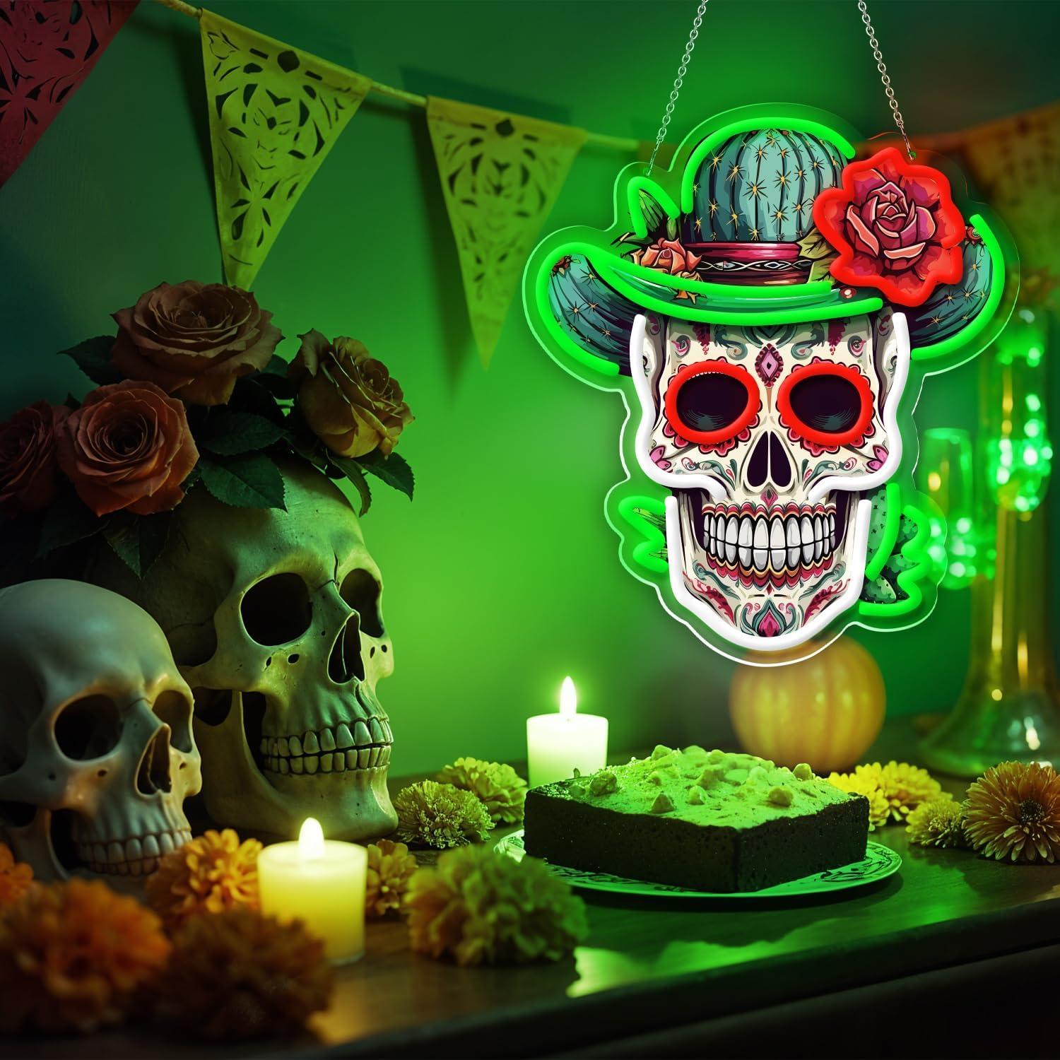 Luz de neón LED Calavera de Azúcar Sneignon Verde 36x32cm