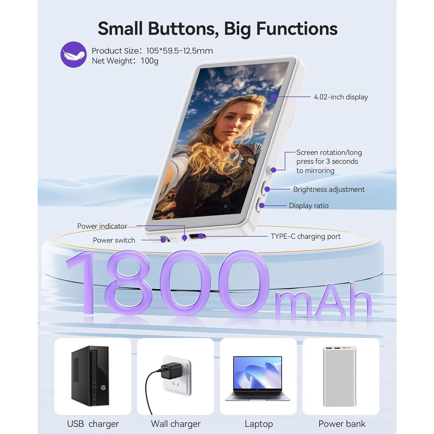 Monitor de Vlog Selfie Magnético NELLO 10.2cm 4K 60fps