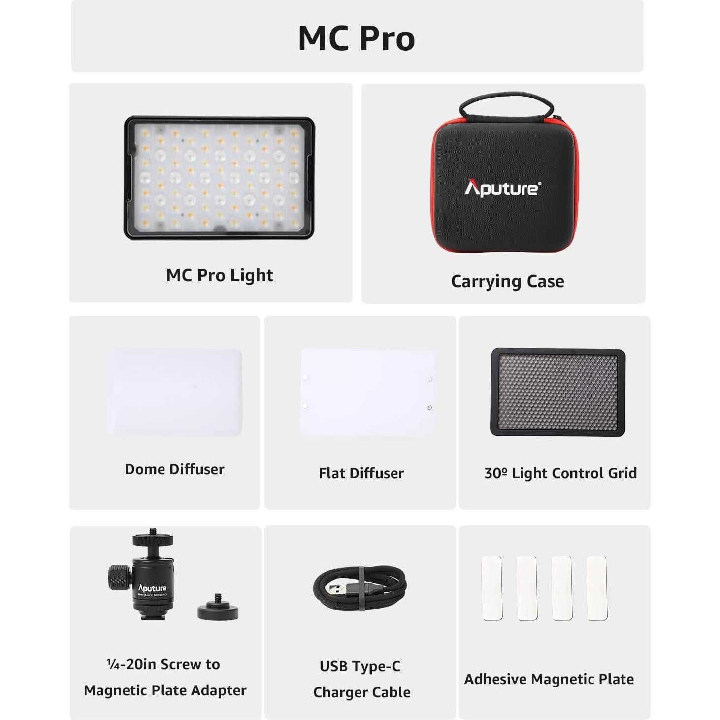 Luces LED RGBWW Aputure MC Pro, Panel Mini 5W, IP65