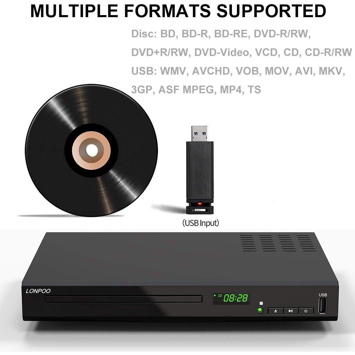 Reproductor Blu-Ray LONPOO HD 1080P Negro con HDMI y USB