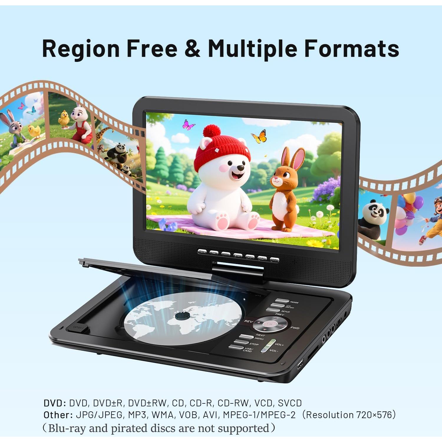 Reproductor DVD portátil POFOTO 10.5" HD con batería 6h