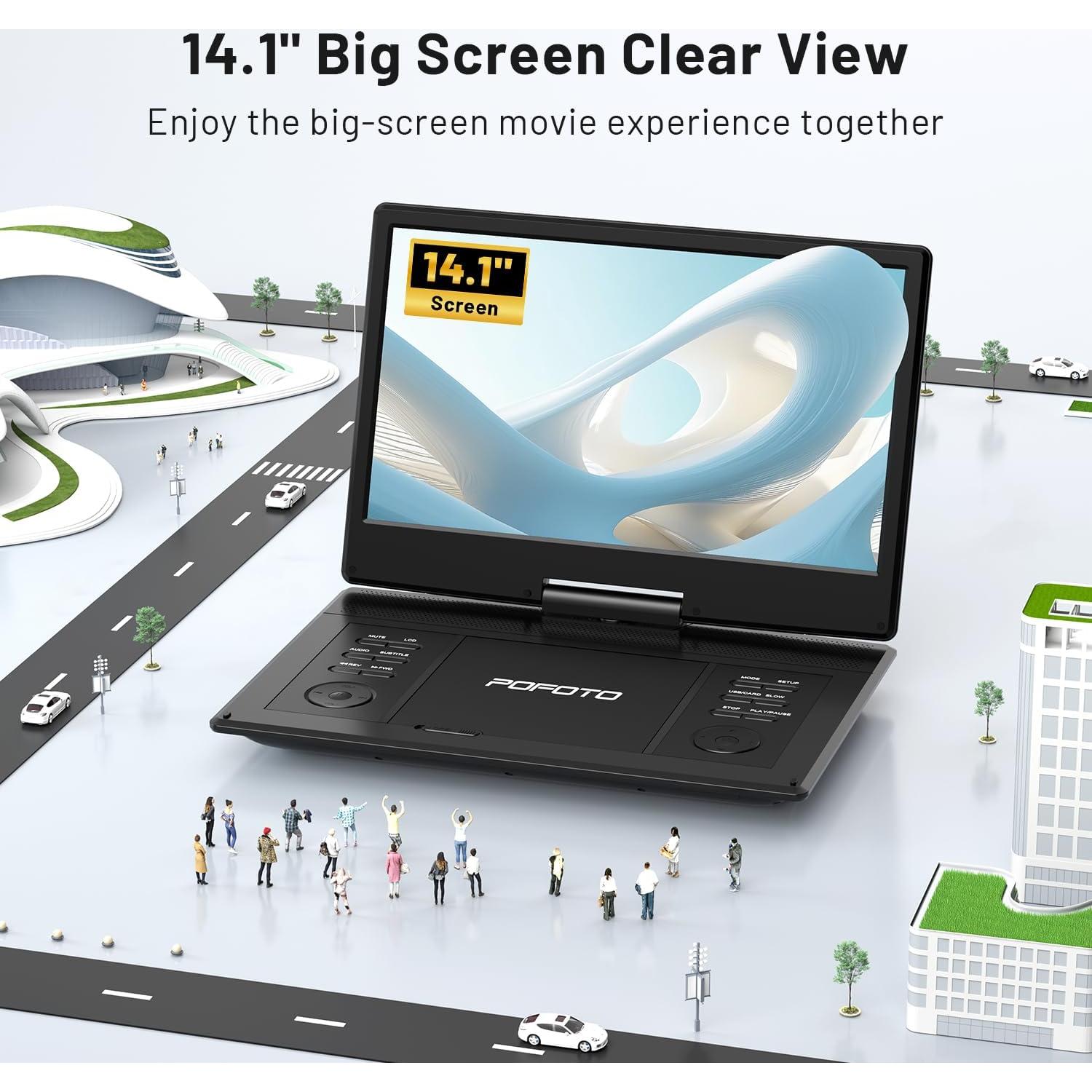 Reproductor DVD portátil POFOTO 14.1" HD, batería 6h, negro