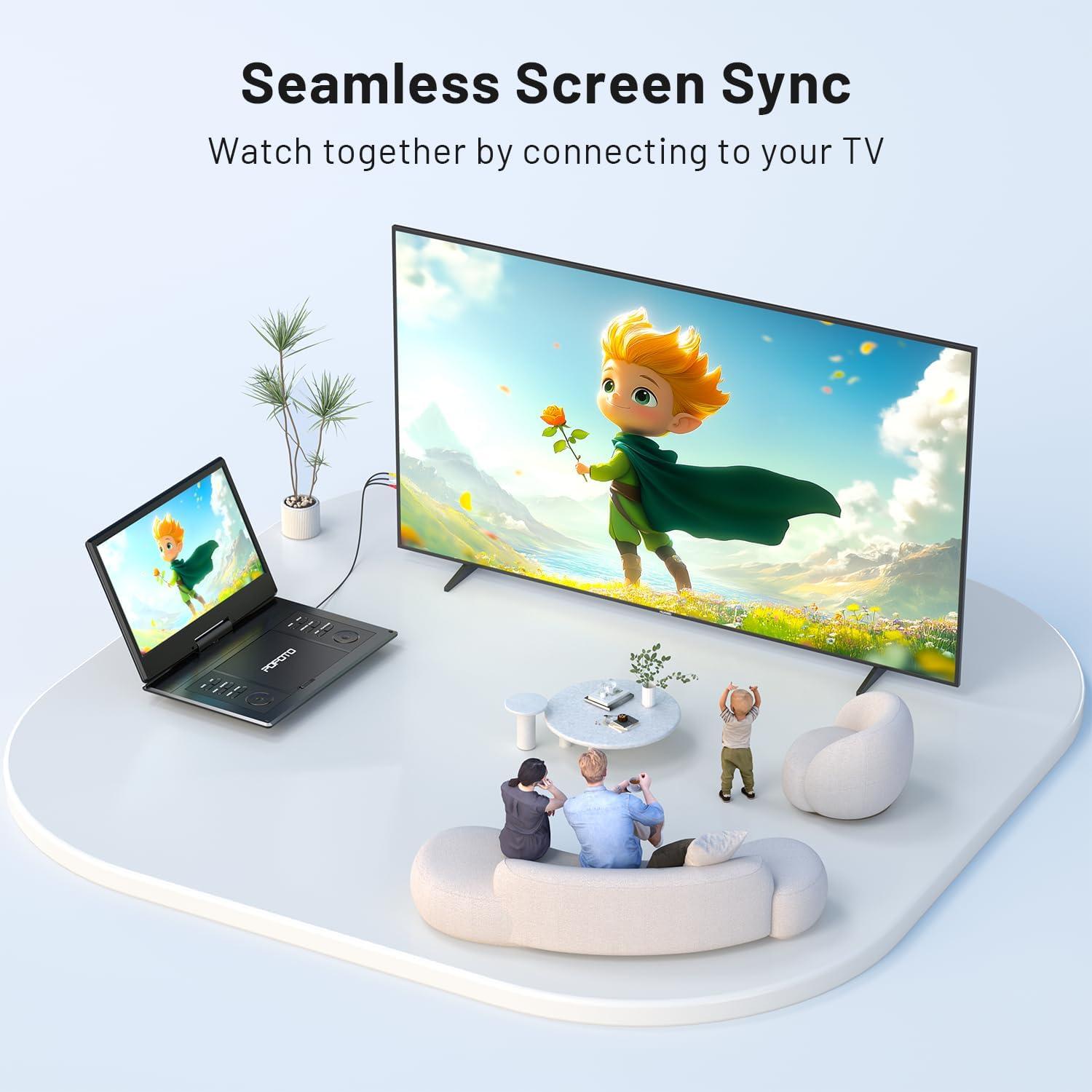 Reproductor DVD portátil POFOTO 14.1" HD, batería 6h, negro