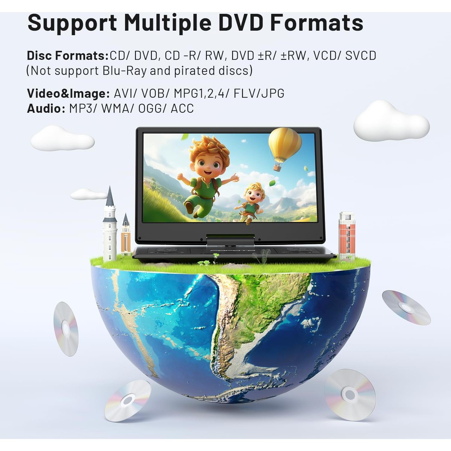 Reproductor DVD portátil POFOTO 14.1" HD, batería 6h, negro