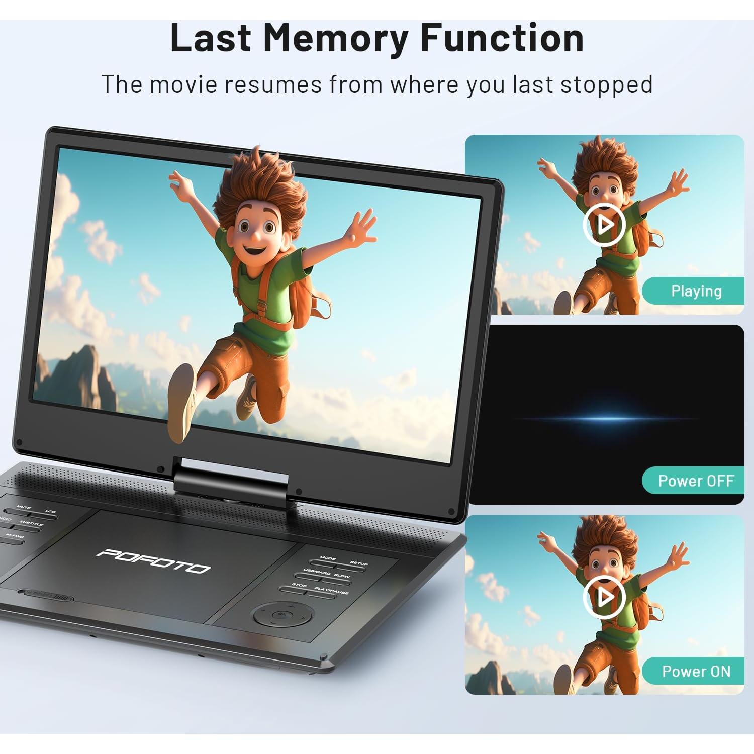 Reproductor DVD portátil POFOTO 14.1" HD, batería 6h, negro