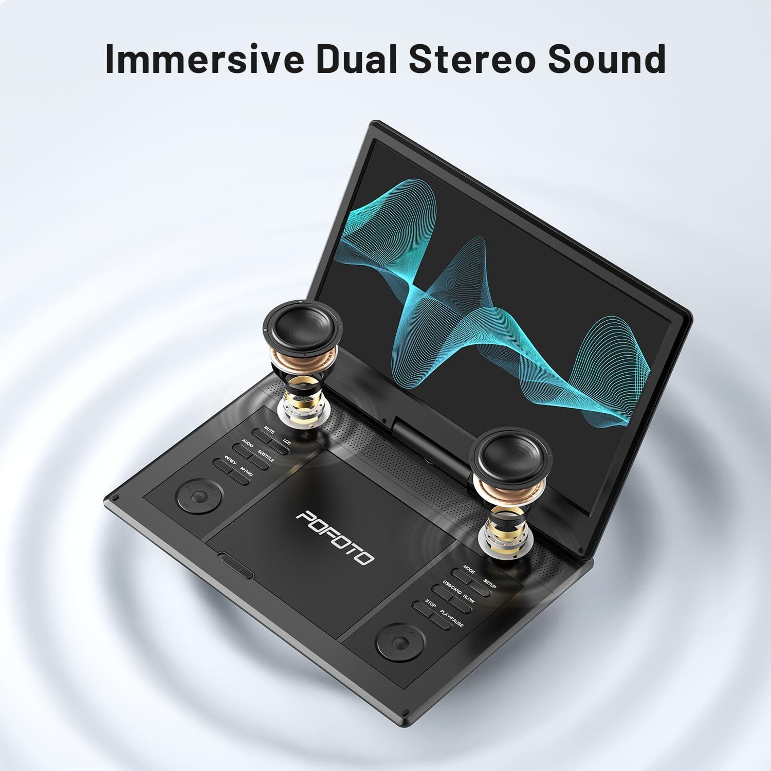 Reproductor DVD portátil POFOTO 14.1" HD, batería 6h, negro