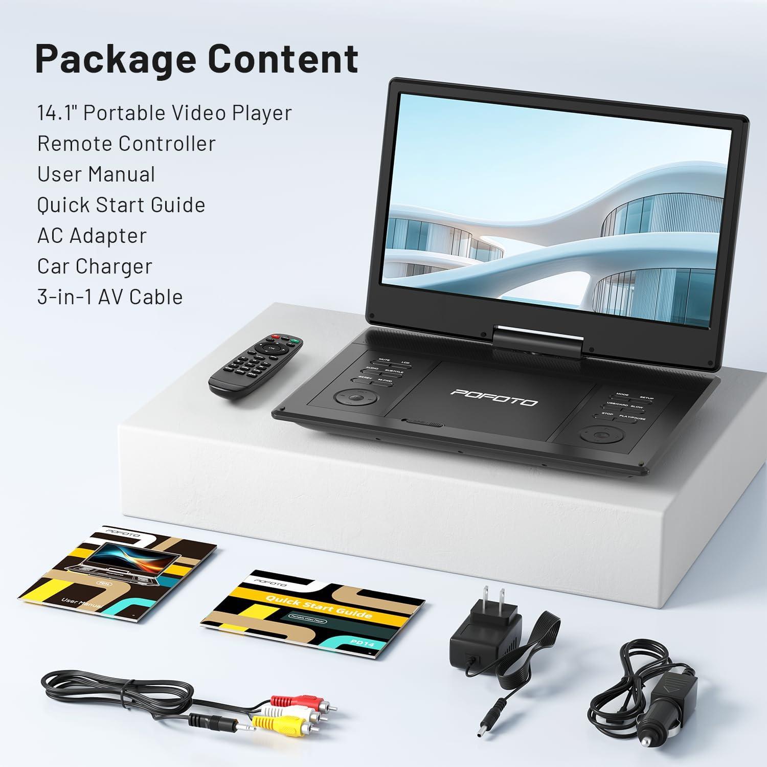 Reproductor DVD portátil POFOTO 14.1" HD, batería 6h, negro