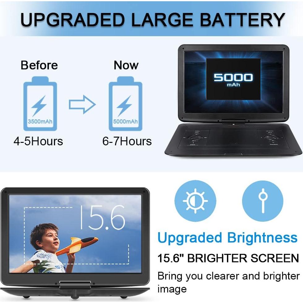 Reproductor de DVD Portátil HotHat 15.6" HD Batería 5000mAh