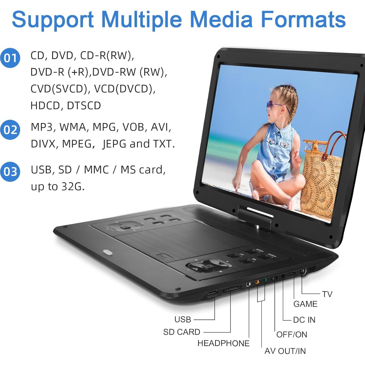 Reproductor DVD Portátil HOPYOP 14.1" HD Batería 6h USB