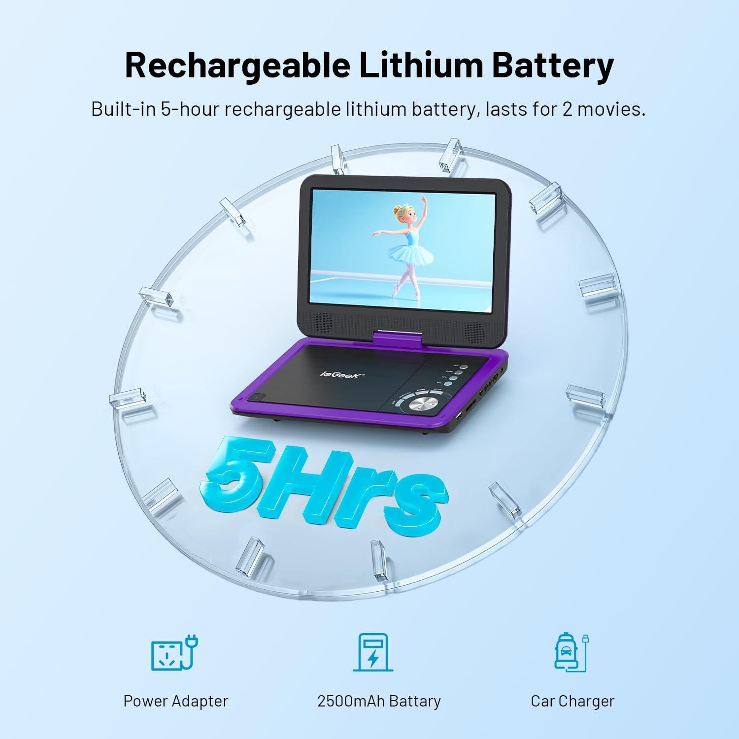 Reproductor de DVD Portátil ieGeek 12.5" HD 5H Batería USB SD