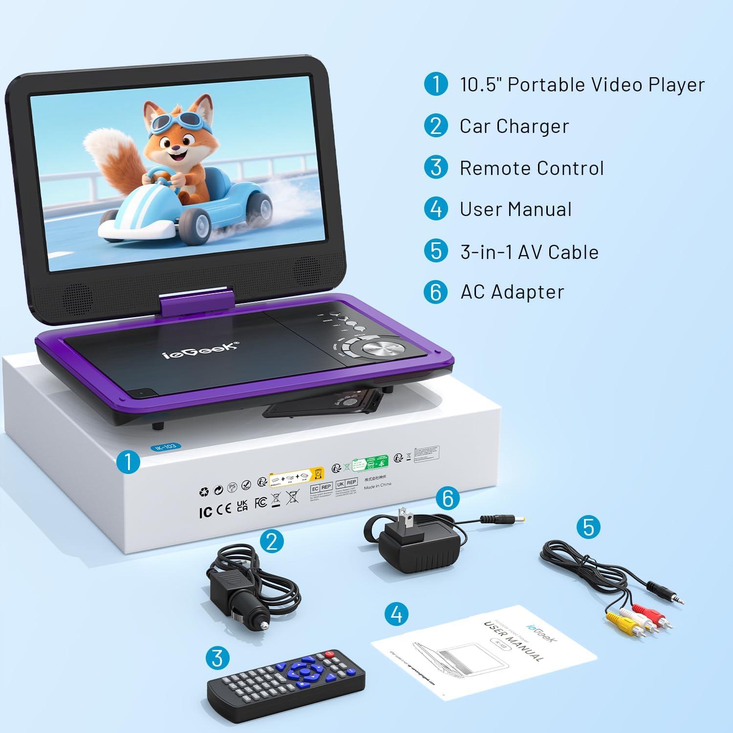 Reproductor de DVD Portátil ieGeek 12.5" HD 5H Batería USB SD