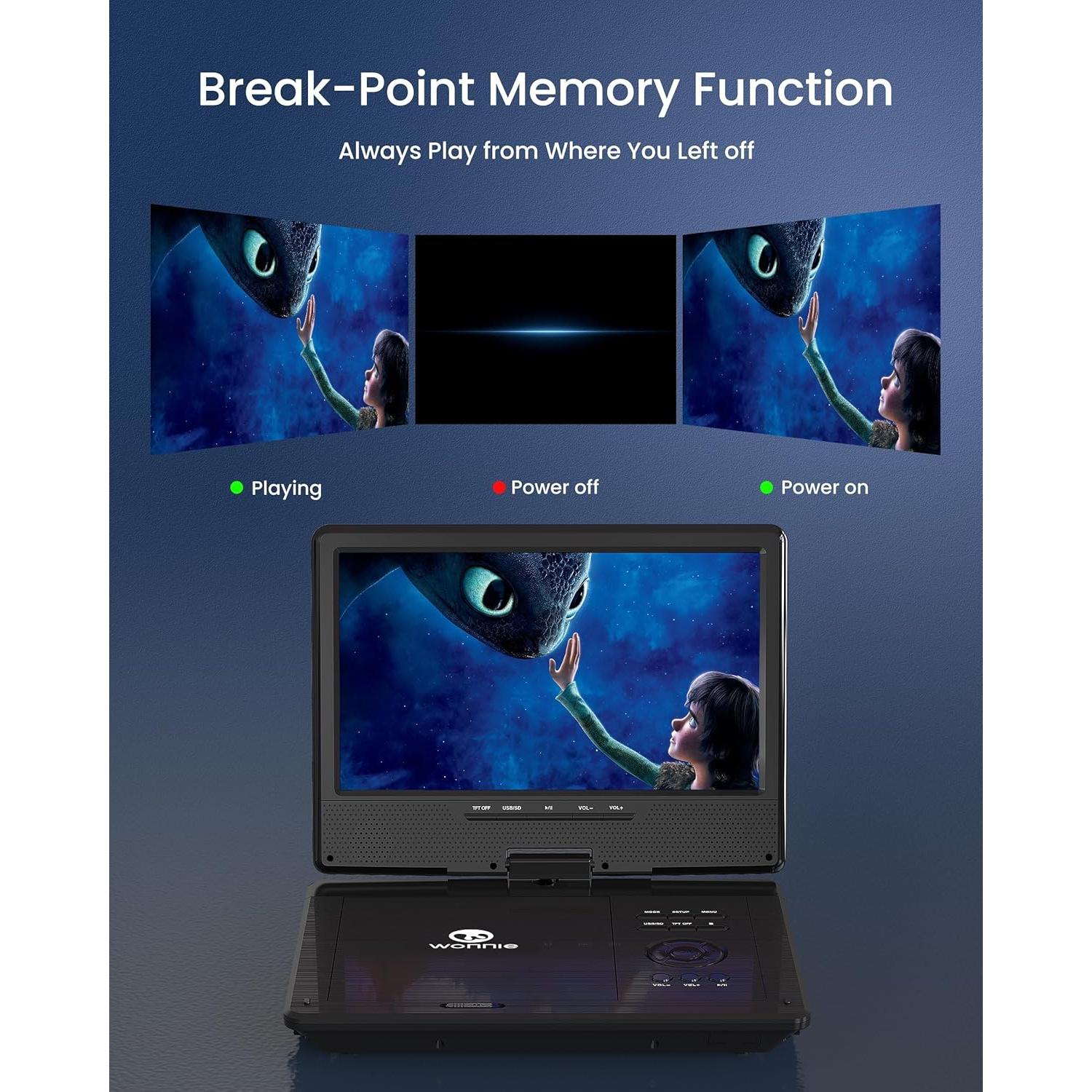 Reproductor de DVD Portátil WONNIE 12.5" HD con Funda para Coche