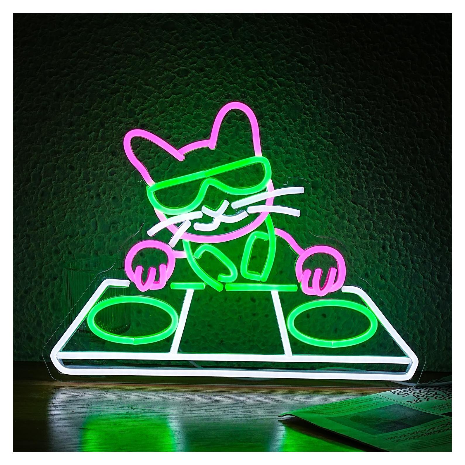 Cartel de neón LED Gato DJ JLEWUINH 42x32 cm USB Regulable
