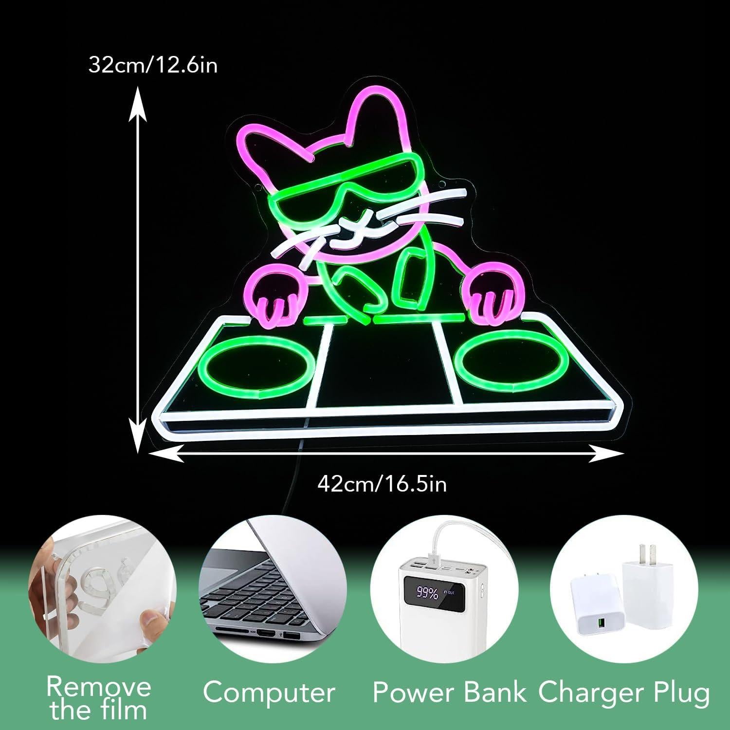 Cartel de neón LED Gato DJ JLEWUINH 42x32 cm USB Regulable
