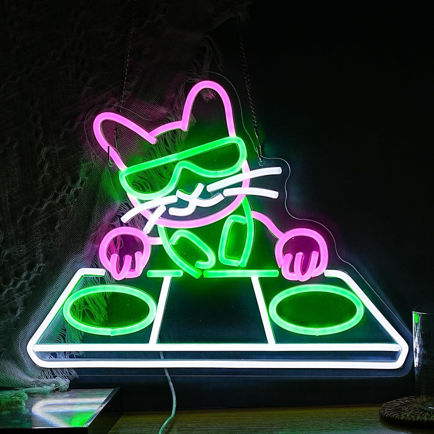 Cartel de neón LED Gato DJ JLEWUINH 42x32 cm USB Regulable