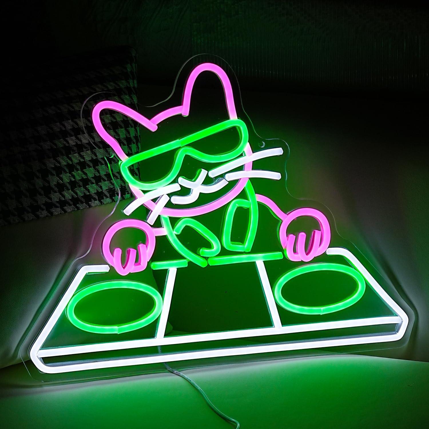 Cartel de neón LED Gato DJ JLEWUINH 42x32 cm USB Regulable